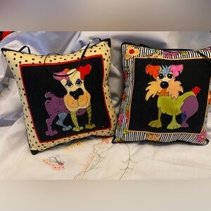 Happy Dogs. Handmade 7” x 7” cotton polyfill hanging pillows